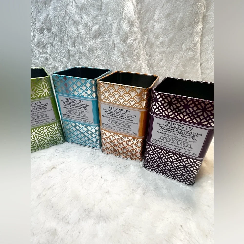 (6) EMPTY METAL TIN TEA BAG CONTAINERS VASES PEN HOLDERS ORGANIZERS NO LIDS